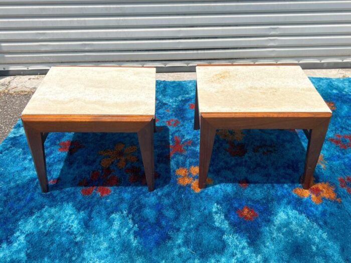 1950s jens risom attributed mid century modern travertine and walnut side tables 6272