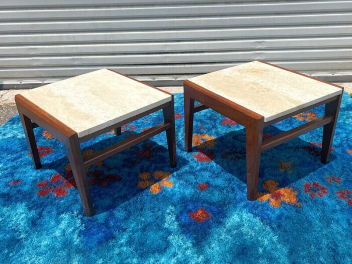 1950s jens risom attributed mid century modern travertine and walnut side tables 7902