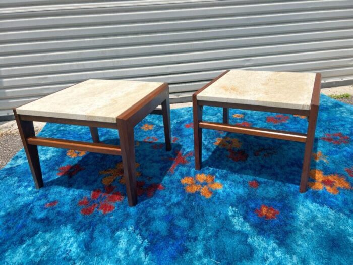 1950s jens risom attributed mid century modern travertine and walnut side tables 9710