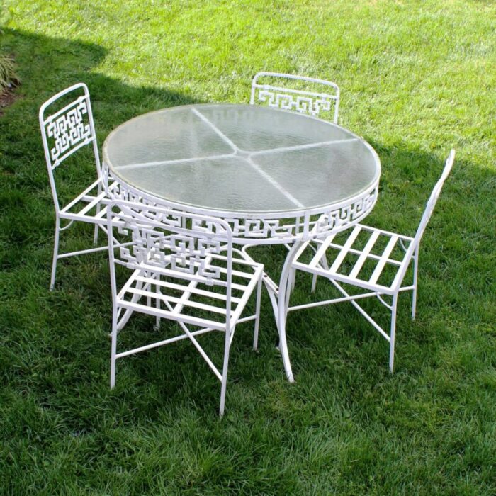 1950s molla faux bamboo greek key cast aluminum outdoor dining table and 4 chairs 1872