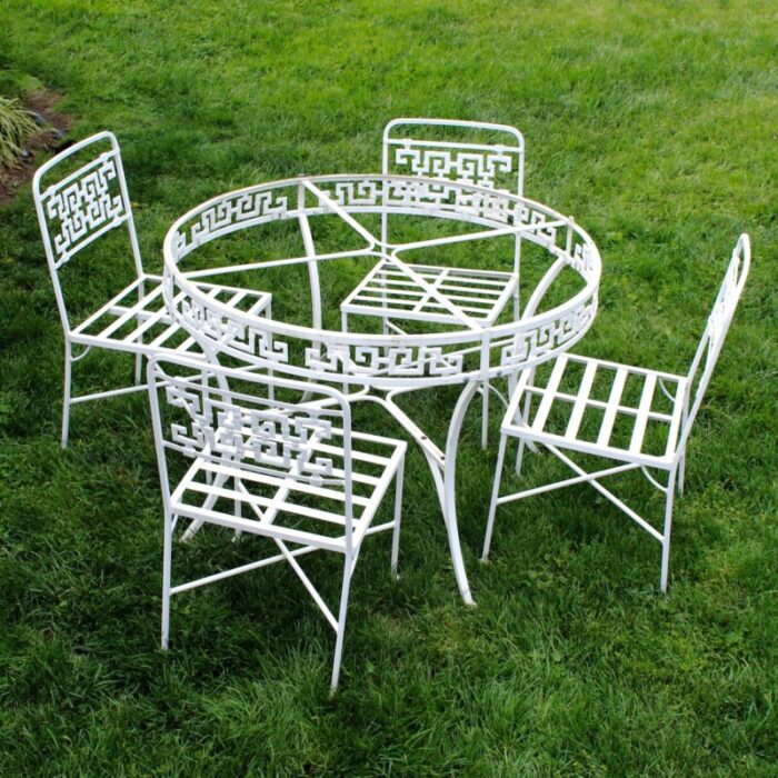 1950s molla faux bamboo greek key cast aluminum outdoor dining table and 4 chairs 3297