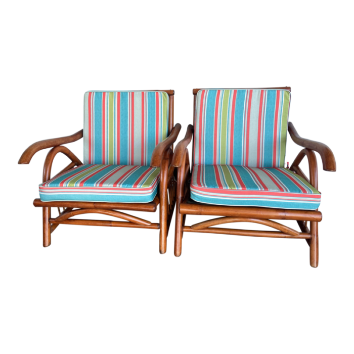 1960s pair of vintage tiki style bent cane lounge chairs 1570