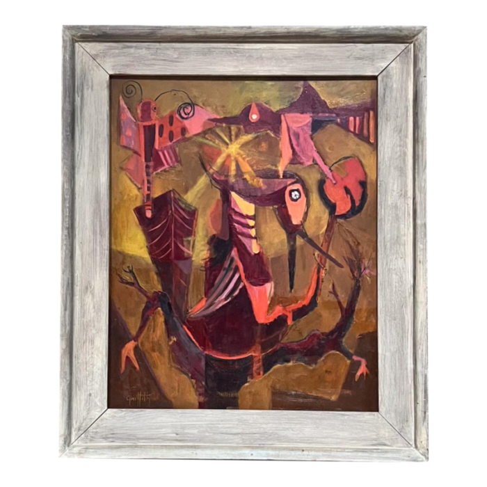 1960s pink phoenix bird artwork abstract oil painting griffith 1828