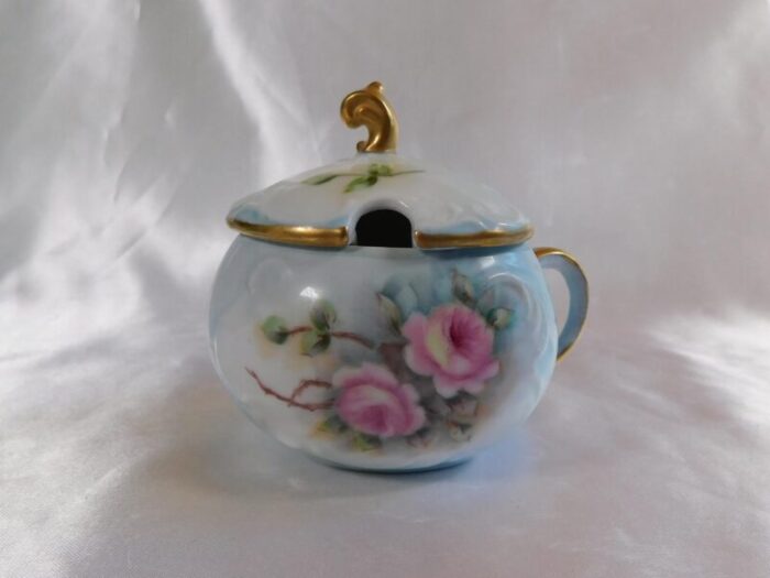 1960s small blue floral sugar bowl honey pot jelly jar 7704