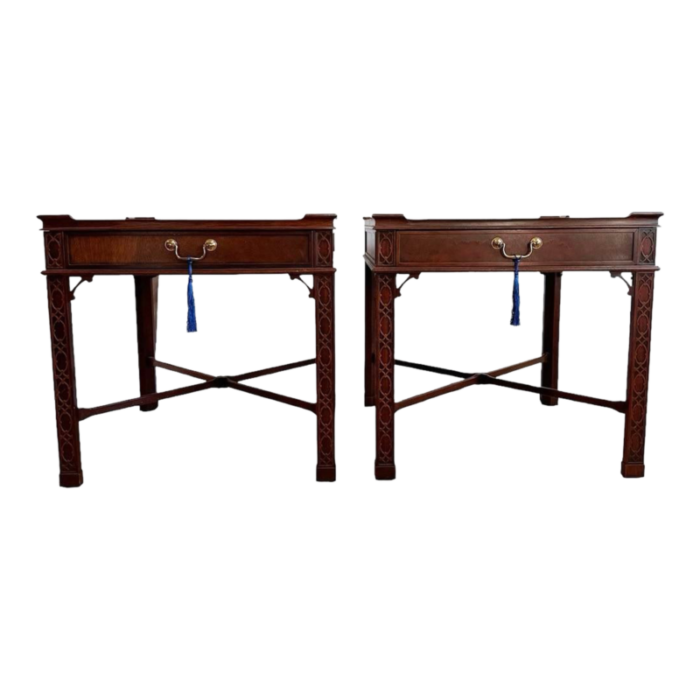 1960s vintage baker chinese chippendale mahogany carved square end tables a pair 8450