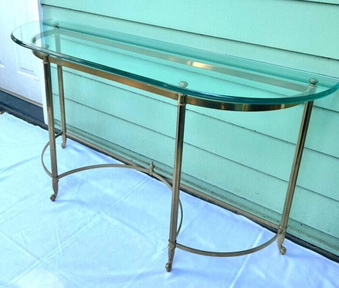 1960s vintage glass and brass console demi lune table hollywood regency 3175