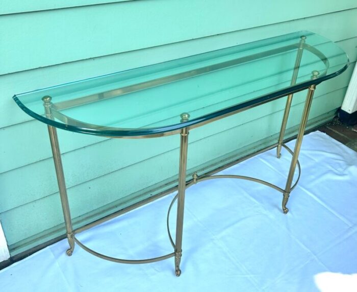 1960s vintage glass and brass console demi lune table hollywood regency 5187