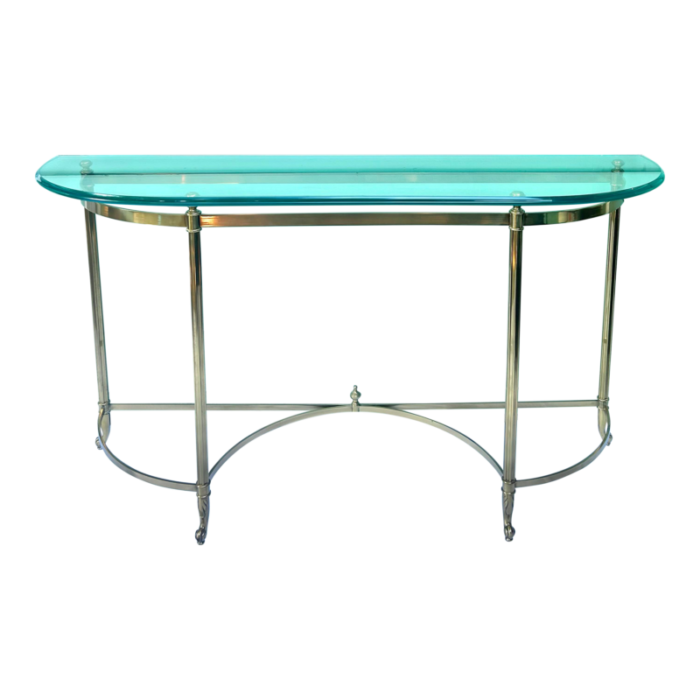 1960s vintage glass and brass console demi lune table hollywood regency 6658