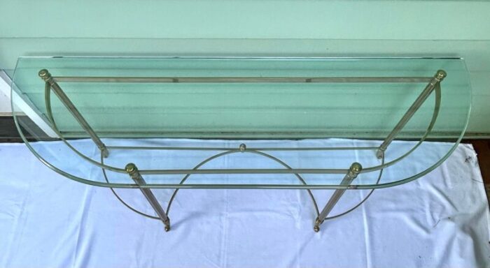 1960s vintage glass and brass console demi lune table hollywood regency 7684