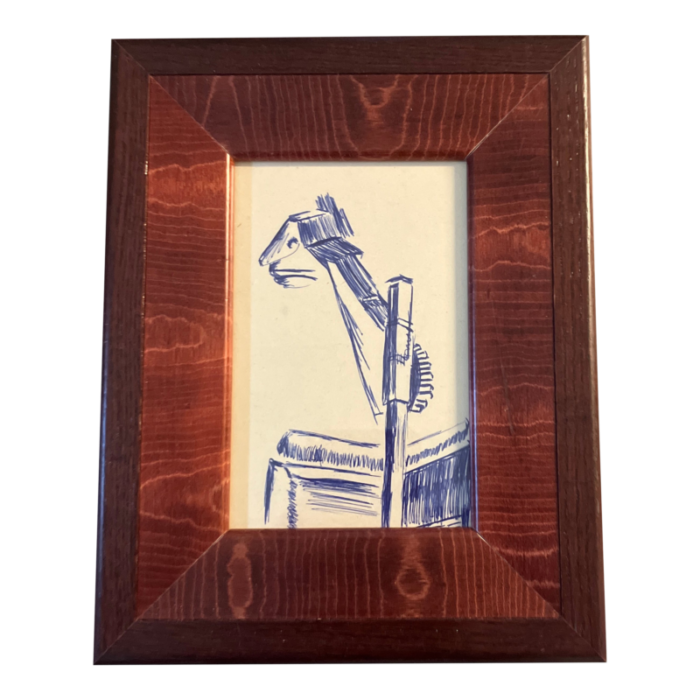 1970s abstract small blue ink drawing fancy wood frame 5151