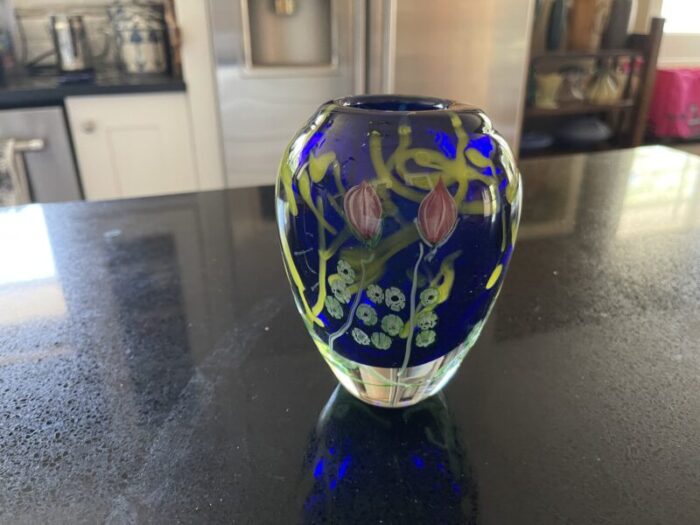 1970s arthur kusak cobalt blue art glass vase with cased flowers 0166