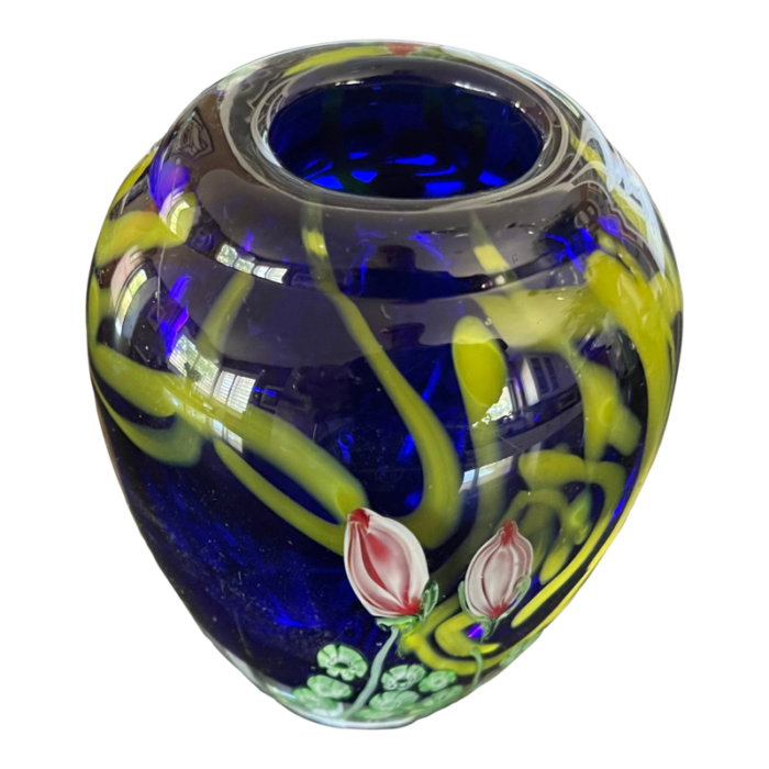 1970s arthur kusak cobalt blue art glass vase with cased flowers 6568