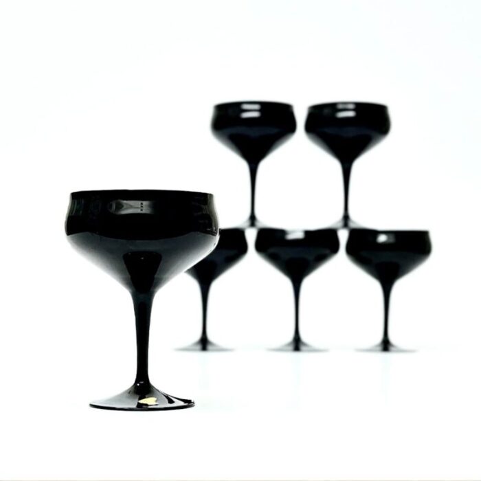 1970s black glass champagne coupes set of 6 1205