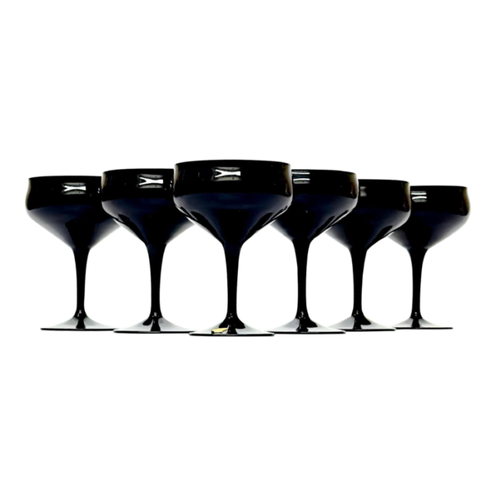 1970s black glass champagne coupes set of 6 1542