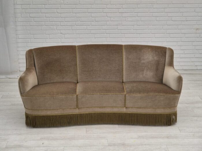 1970s danish 3 seater banana sofa original green velour 4557