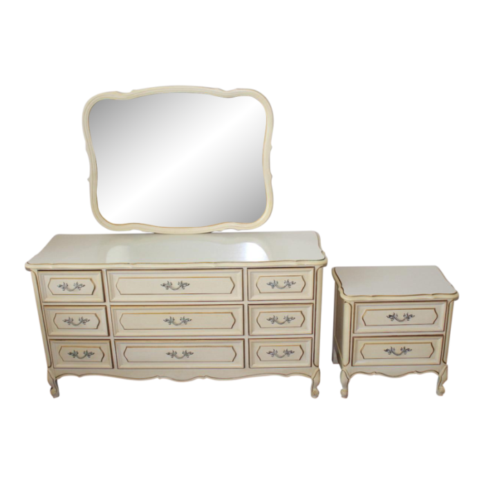 1970s french provincial style vintage henry link dresser with 6 drawers mirror and matching nightstand set of 3 6636