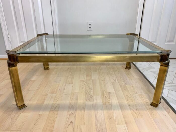 1970s mid century modern regency brass and beveled glass coffee table 1321