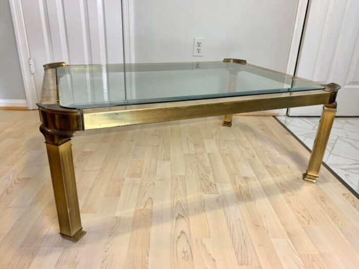 1970s mid century modern regency brass and beveled glass coffee table 4273