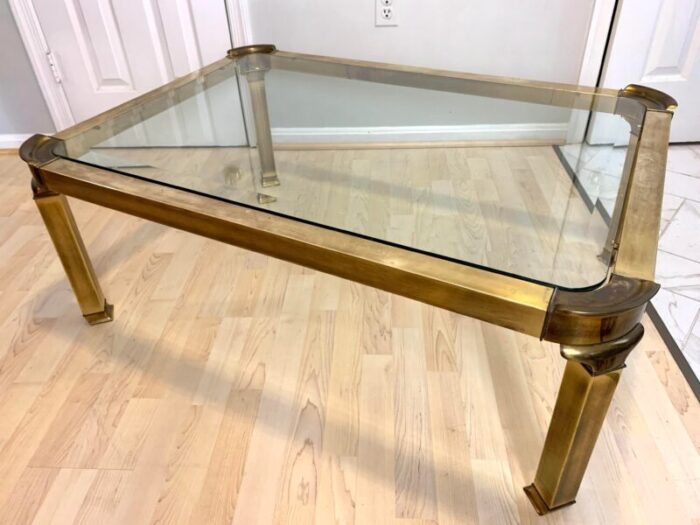 1970s mid century modern regency brass and beveled glass coffee table 5181