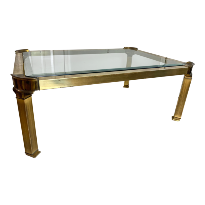 1970s mid century modern regency brass and beveled glass coffee table 8690