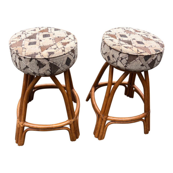 1970s mid century rattan stools swivel set of 2 6302