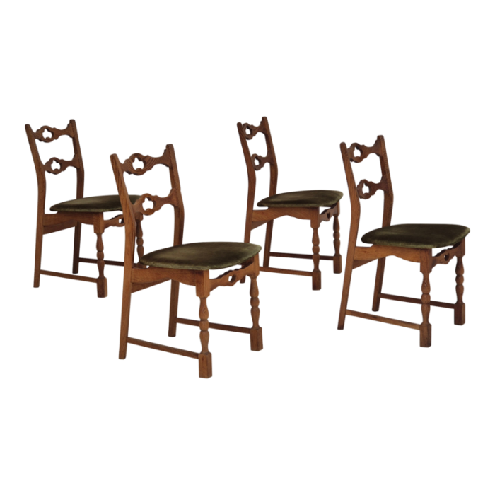 1970s set of 4 danish dining chairs original condition oak wood furniture velour 0793