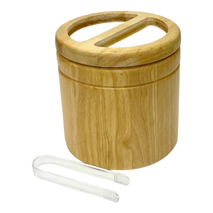 1970s style cylindrical wooden ice bucket with tongs 0334