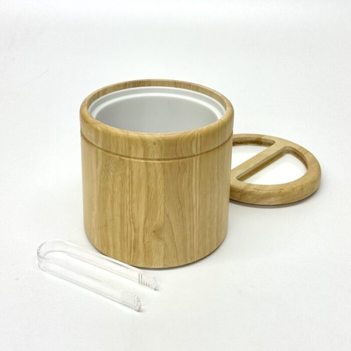 1970s style cylindrical wooden ice bucket with tongs 3771