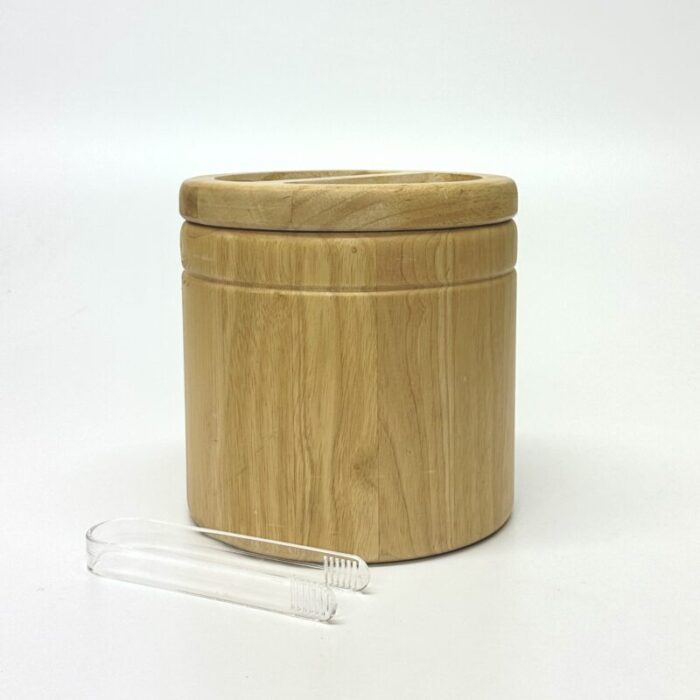 1970s style cylindrical wooden ice bucket with tongs 5842