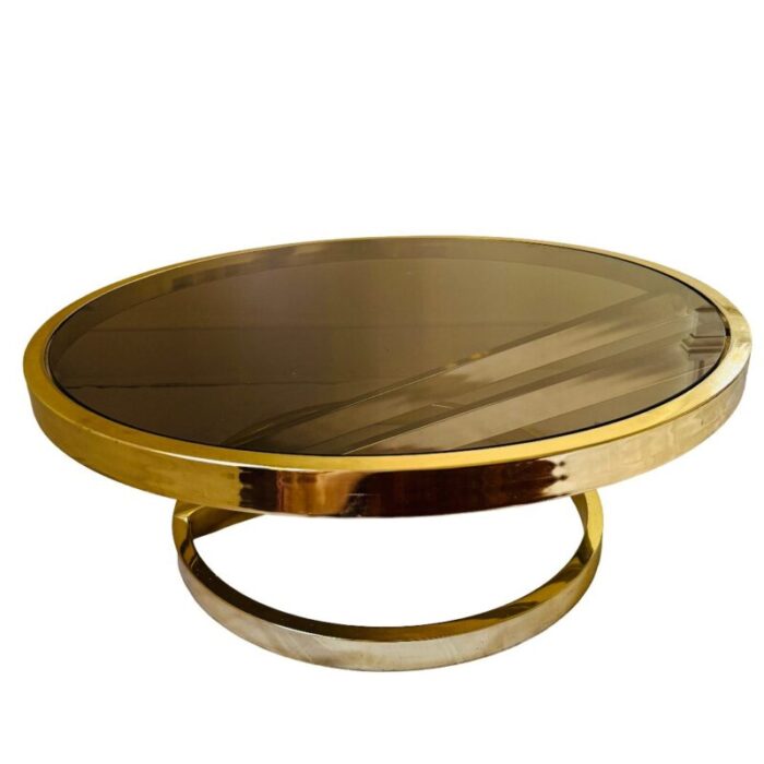 1970s vintage milo baughman zig zag coffee table round brass with smoked glass 3987