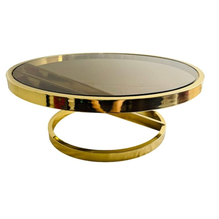 1970s vintage milo baughman zig zag coffee table round brass with smoked glass 6705