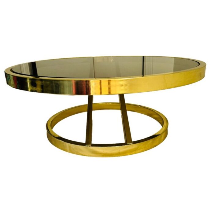 1970s vintage milo baughman zig zag coffee table round brass with smoked glass 8599