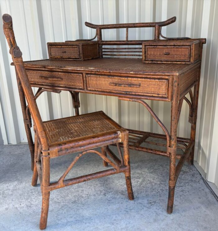 1980s british colonial faux bamboo campaign style writing desk and pagoda style cane seat desk chair set of 2 6252