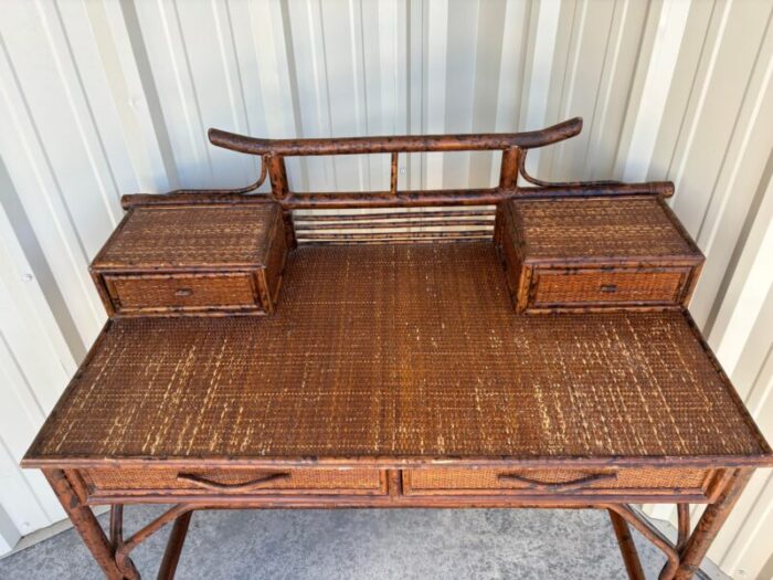 1980s british colonial faux bamboo campaign style writing desk and pagoda style cane seat desk chair set of 2 6366