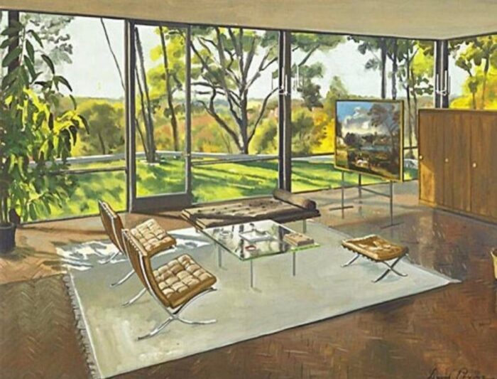 1980s phillip johnson the glass house painting framed 7902