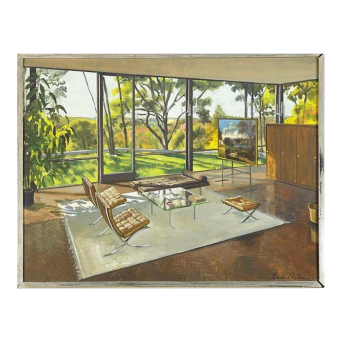 1980s phillip johnson the glass house painting framed 9564