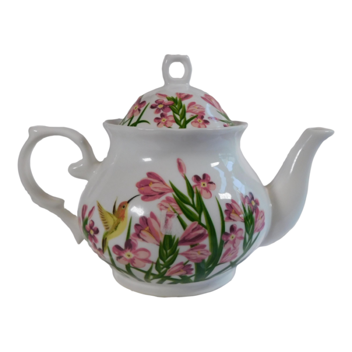 1980s pink floral tea pot with hummingbirds 2472