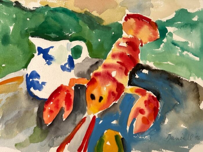 1990s lobster watercolor original signed daniell painting 5075