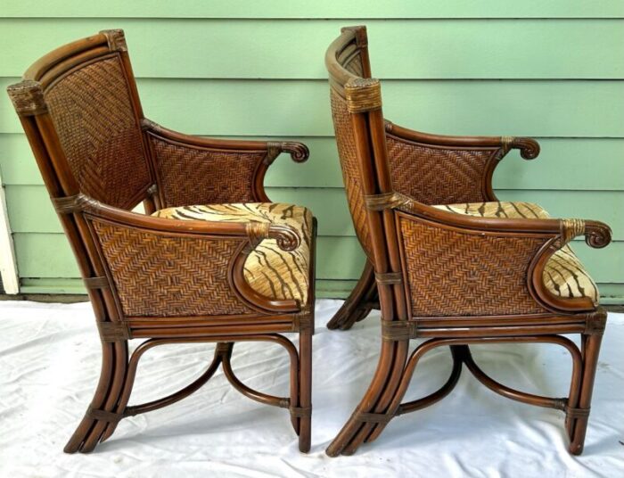 1990s vintage rattan and wicker upholstered arm chairs a pair 0408