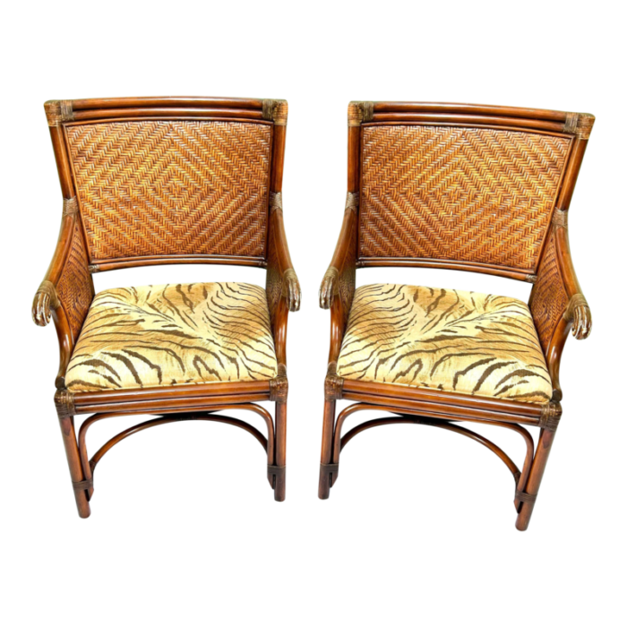 1990s vintage rattan and wicker upholstered arm chairs a pair 1655