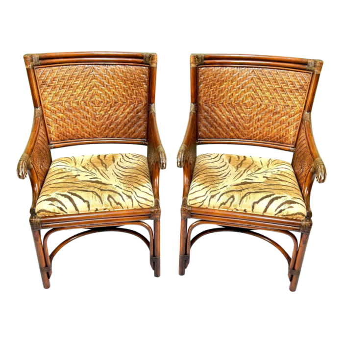 1990s vintage rattan and wicker upholstered arm chairs a pair 2487