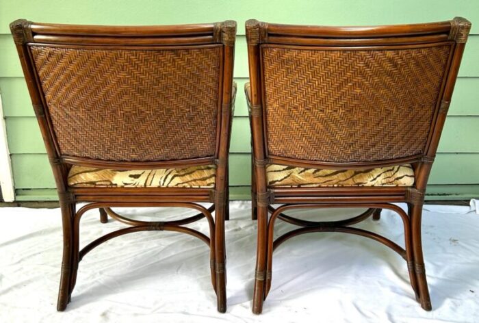 1990s vintage rattan and wicker upholstered arm chairs a pair 2679