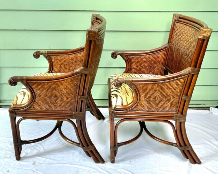 1990s vintage rattan and wicker upholstered arm chairs a pair 4721