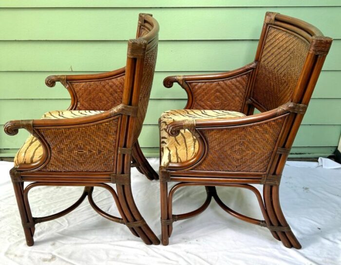 1990s vintage rattan and wicker upholstered arm chairs a pair 4777