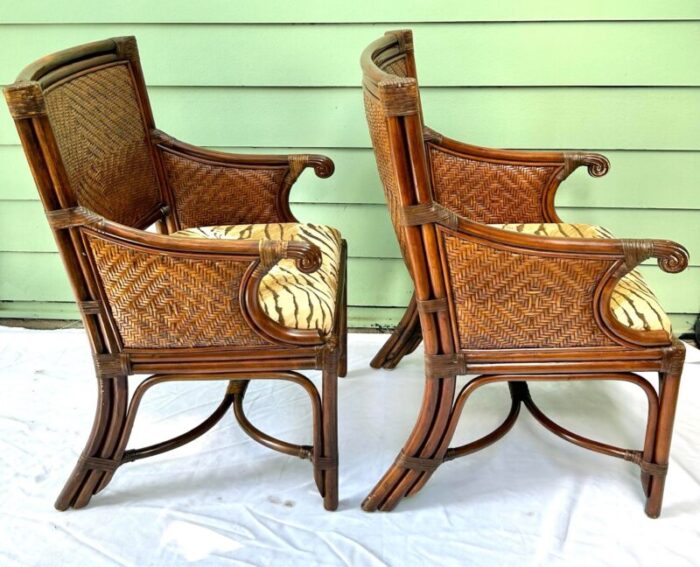 1990s vintage rattan and wicker upholstered arm chairs a pair 5638