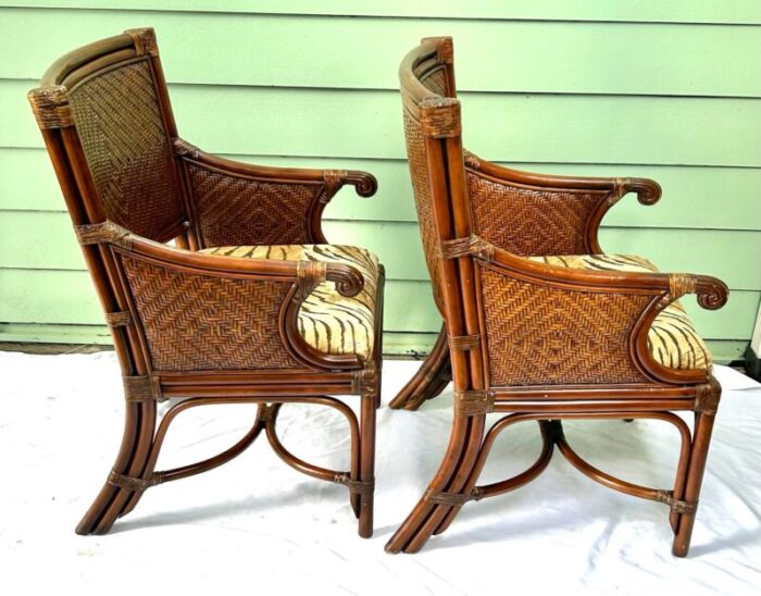 1990s vintage rattan and wicker upholstered arm chairs a pair 8272