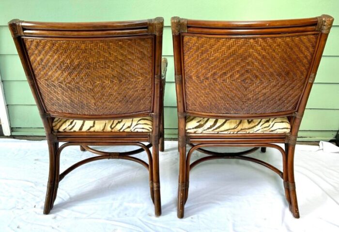 1990s vintage rattan and wicker upholstered arm chairs a pair 9162