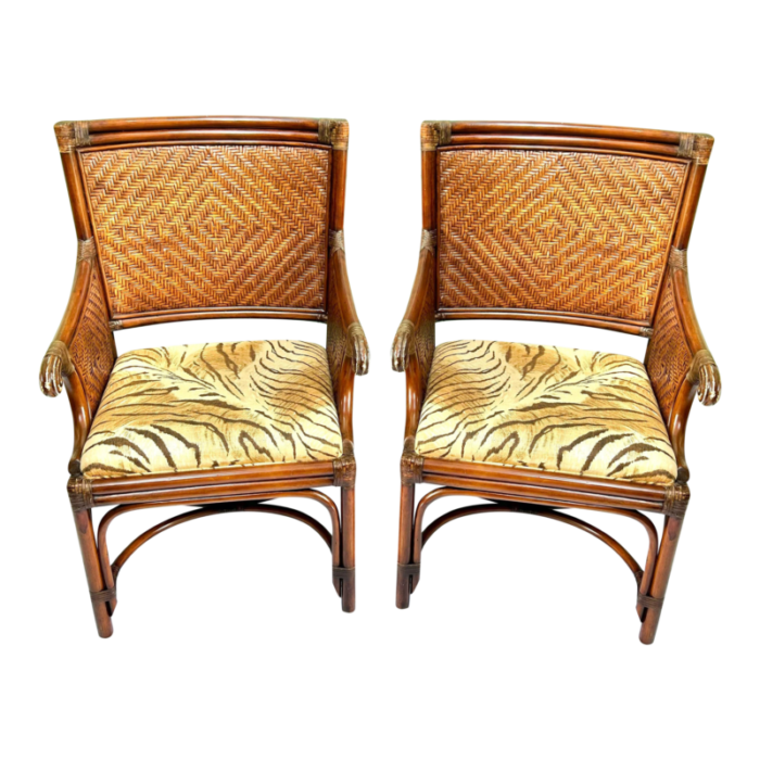 1990s vintage rattan and wicker upholstered arm chairs a pair 9694