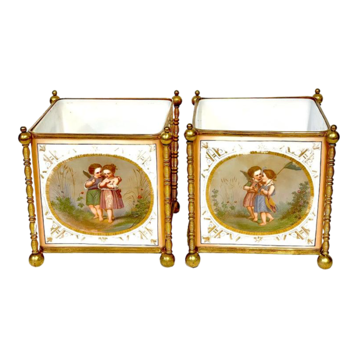 19th c french opaline and gilt bronze aesthetic fairy motif cachepots a pair 7619