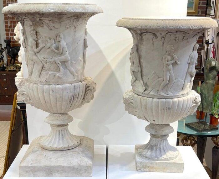 19th c or older antique italian carved marble bacchanalian garden urns a pair 8109